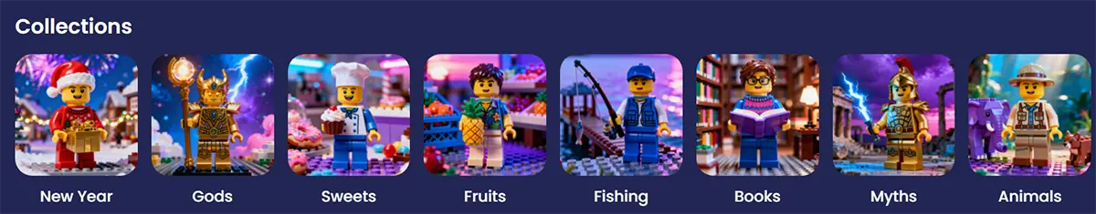 Horizontal “Collections” menu showing eight rounded category tiles with colourful toy-like minifigure artwork labeled New Year, Gods, Sweets, Fruits, Fishing, Books, Myths and Animals.