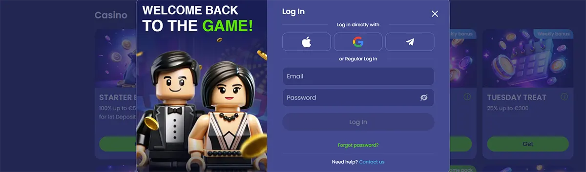 Login modal with “Welcome back to the game” message, LEGO-style couple artwork, and email/password fields with social sign-in options.